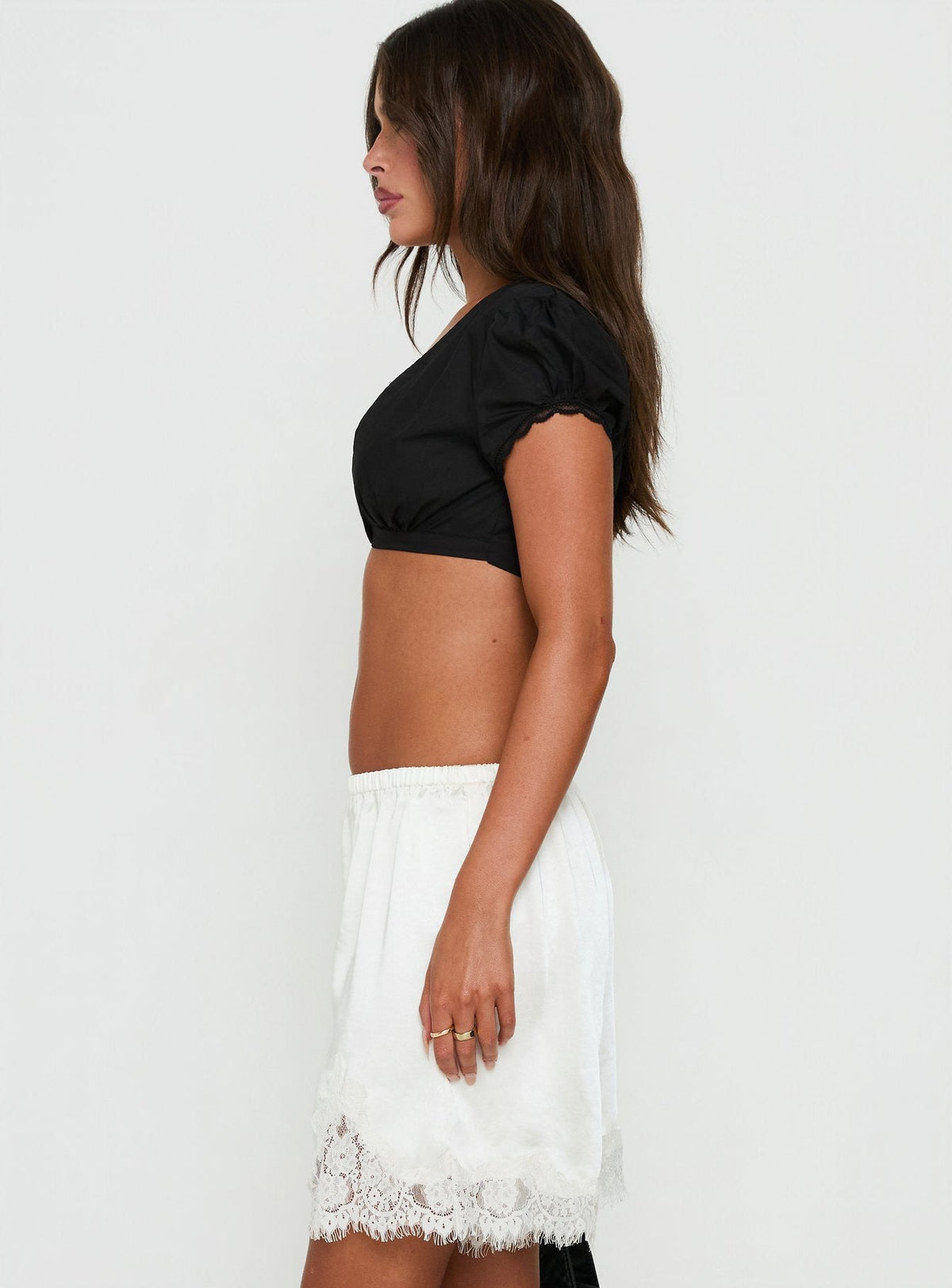 Adianah Satin Lace Trim Longline Shorts White