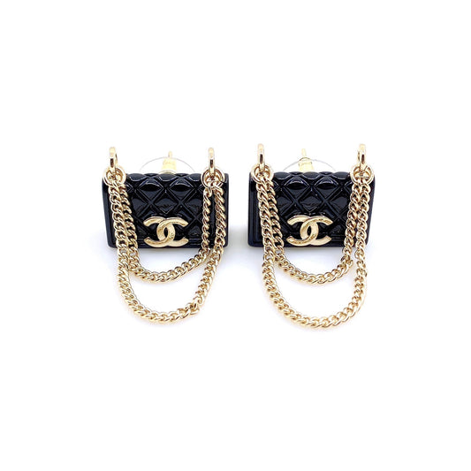 18K  Chanel Black Bag Pendant Earrings