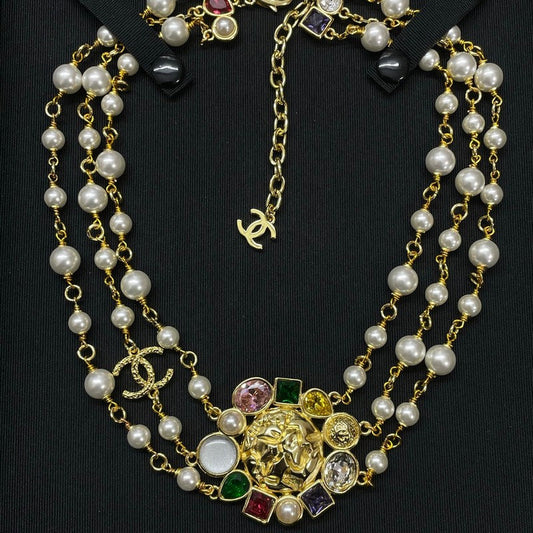 18K  Chanel Color Crystal Pearl Chain Necklace